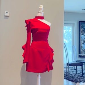 BEBE RED RUFFLE DRESS. Size 2
